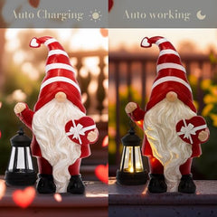 TERESA'S COLLECTIONS Resin Garden Gnome Holding Gift & Lantern with Solar Lights, Valentine's Day Decor, Red, 12"