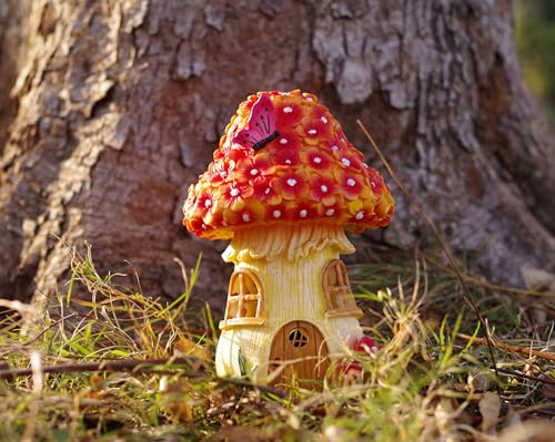 MeritMode Fairy Garden House Mushroom with Solar LED Light - Resin Fairy Garden Accessories, Waterproof Outdoor Light Statue Tiny House, Perfect for Lawn, Balcony, Yard Decor, 7" H