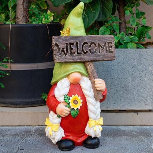 WONDHOME 22" Solar Large Gnome Lady Garden Statue Big Female Gnome with Welcome Sign Outdoor Decor with LED Lights Home Porch Yard Patio Lawn Ornament Christmas Housewarming Gardening Gift