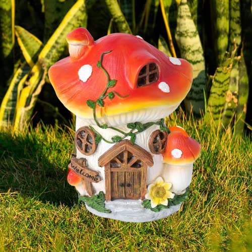 mushrooms Fairy House with Solar Lights Resin Garden Onament Solar Powered mushrooms House Figurines Garden Decor for Patio Yard, Garden Statue