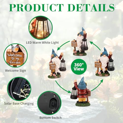 ZQQLITE Garden Gnome Statues Figurine Lights - Solar Powered Lighting Outdoor Decorations with Lantern & Welcome Sign, Yard Art Lawn Ornaments for Porch Patio Balcony - Gnome Gifts for Women Mom