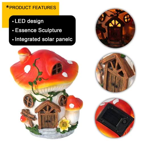 mushrooms Fairy House with Solar Lights Resin Garden Onament Solar Powered mushrooms House Figurines Garden Decor for Patio Yard, Garden Statue