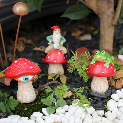 kaiwern Fairy Garden Accessories, 3 Pack Mini Frog and Gnome Mushroom Statues, Cute Animal Figurines Garden Planter Decor, Miniature Fairy Sculpture Decoration for Flower,Yard,Lawn Ornament, DIY Gift