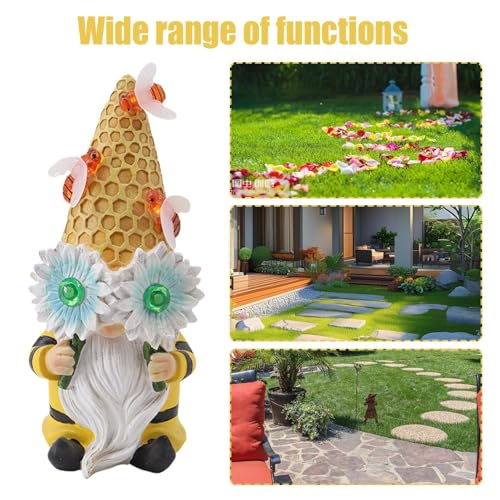 Outdoor Statues, Solar Garden GNOME, Sunflower GNOME Sculpture, Spring GNOME Figurine, Solar-Powered Sunflower Spring GNOME Statue Resin GNOME Statues with Solar Lights for Yard, Or Garden Decor
