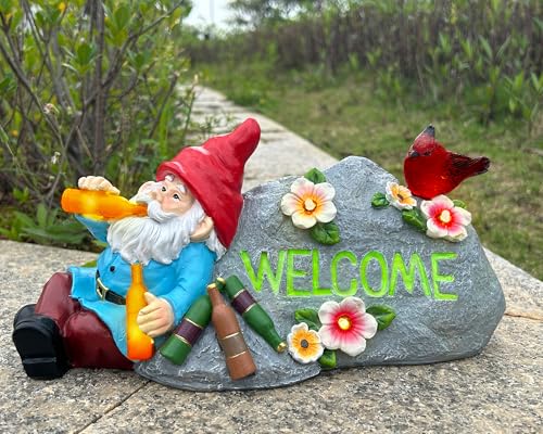 Elegondrar Funny Garden Gnomes Statue with Welcome, Solar Outdoor Gnomes Decorations for Yard, Patio, Lawn, Fathers Day Birthday Housewaming Gifts for Dad, Men, Husband, Grandpa, 11.8 Inch, Resin