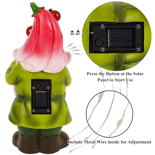 Joliyoou Solar Garden Statue Outdoor Decor, 10.2" H Resin Gnome with Watering Can & Solar Fairy Lights, Waterproof Standing Gnome Figurine for Lawn Yard Pathway Patio Front Door Decoration
