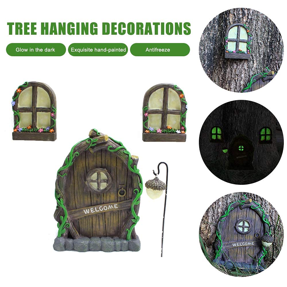 Set of 4 Fairy Door and Window for Tree, Mini Fairy Garden Glowing in the Dark with Lantern - Creative Garden Miniatures Tree Hugger Garden Sculptures Yard Art for Outdoor Trees Door