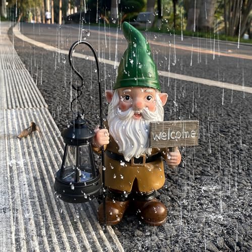 Gnome Garden Statue Outdoor Decor - Solar Gnomes Welcome Sign Figurines with Lantern Light, Yard Decorations, Resin Fairy Statues for Patio/Lawn Ornaments, Housewarming/Birthday/Women/Mom Gnome Gifts