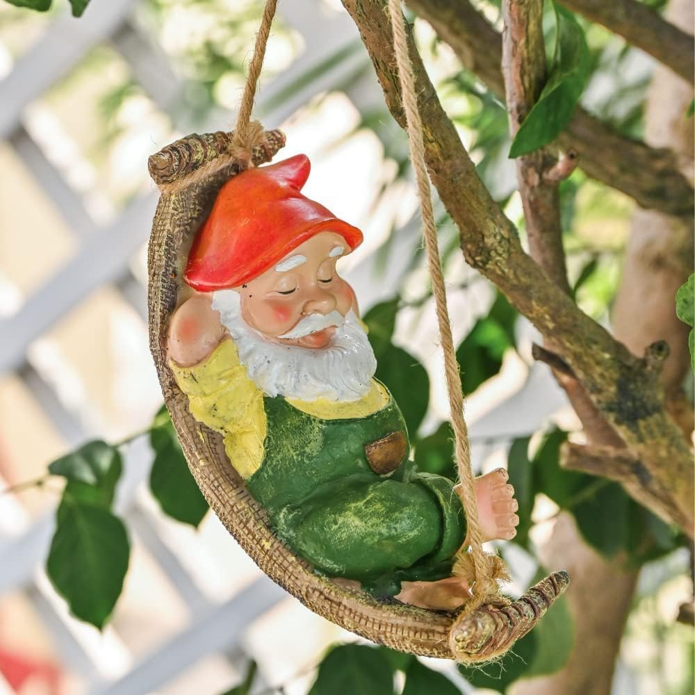 TERESA'S COLLECTIONS Cute Garden Gnomes Decorations for Yard Hanging Statues Outdoor Gifts, Sleepy Gnome in Swing Leaf Hammock Resin Tree Ornaments Figurines for Stump Branch Lawn Patio Decor, 7.4"