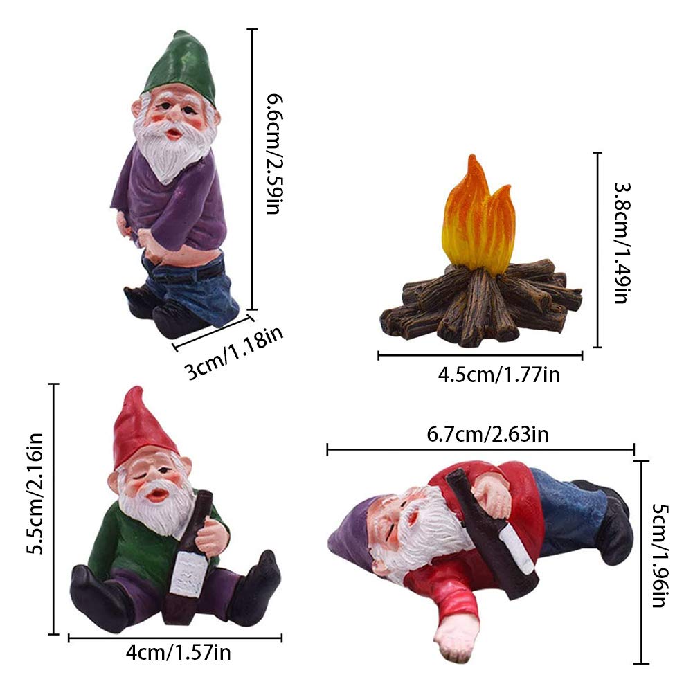 REOVE 4pcs Gnomes Statue Miniature Garden Decoration Ornament Fairy Garden Accessories Collectible Outdoor Micro Landscape Decoration Set Gnome-Drunk Gnome Kit for Gift House Yard Lawn Patio
