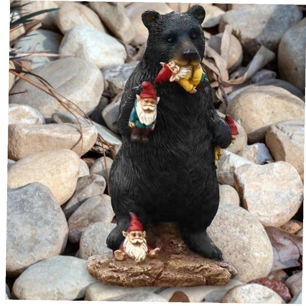 PiniceCore Black Bear Eating Gnomes Funny Statue Resin Ornaments Decoration Indoor Outdoor Garden Lawn Patio
