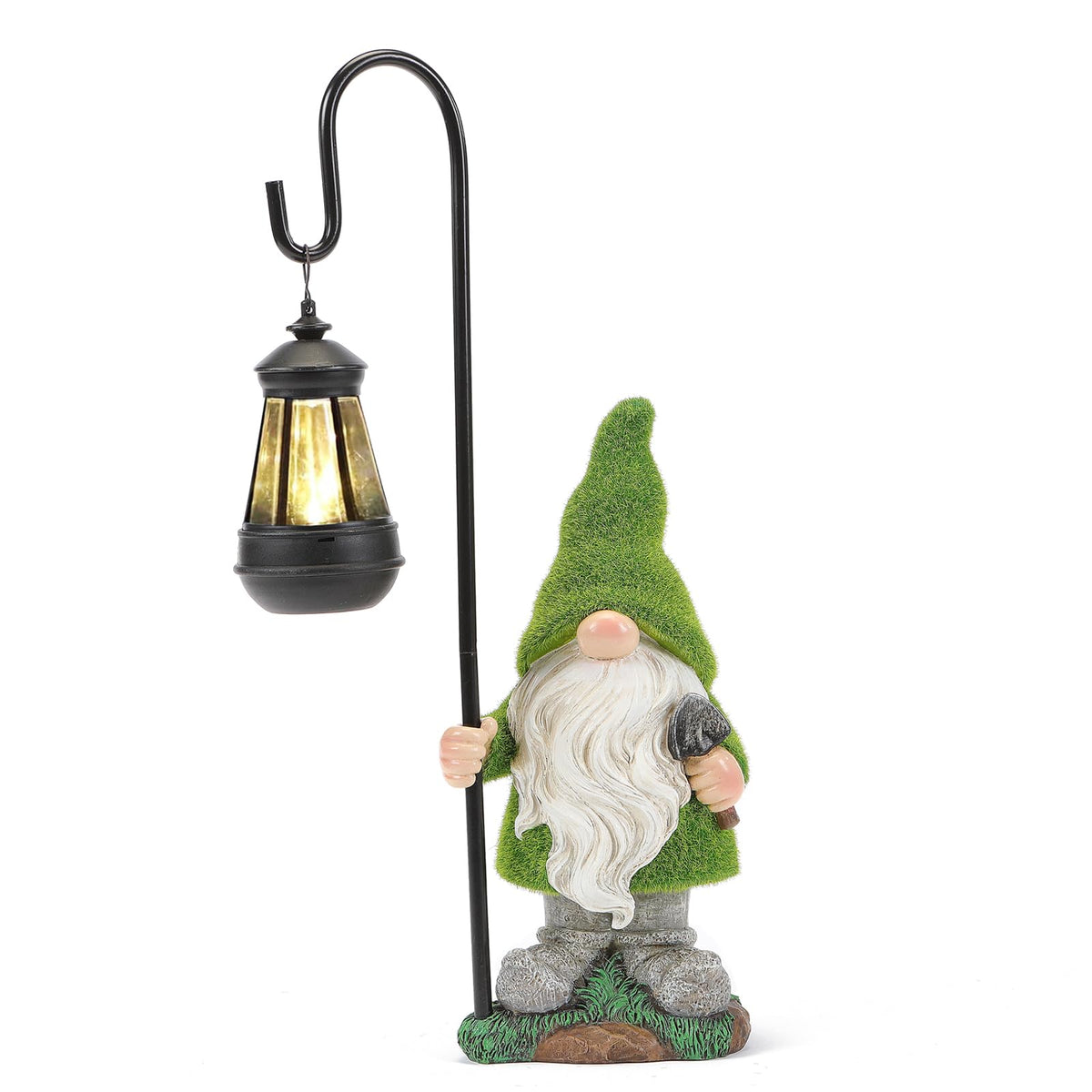HDNICEZM Flocked Garden Gnome Statue, Large Outdoor Gnome with Solar Lights, Funny Garden Figurines for Outdoor Home Yard Decor (15.8 Inch Tall)