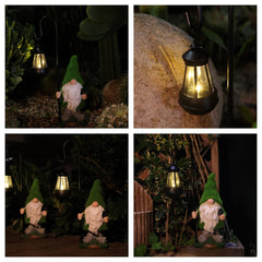 Flocked Garden Gnome Statue with Solar LED Light, Large Funny Fairy Gnomes Figurines with Solar Lantern, Outdoor Fall Decorations for Yard Lawn, Tall 15.8 Inch