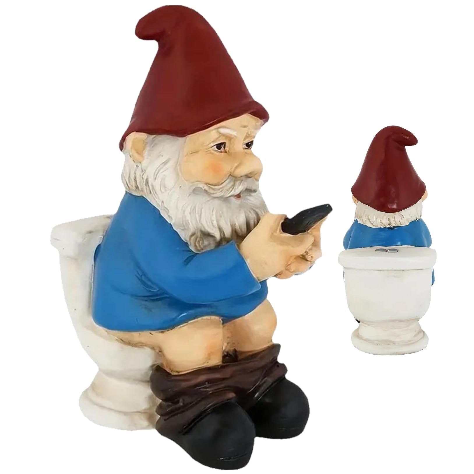 Xoeryoy Gnome Figurines Funny Gnome Statue Sitting on Toilet & Watching Their Cellphone Weather Resistant Resin Statue for Outdoor Garden Yard &