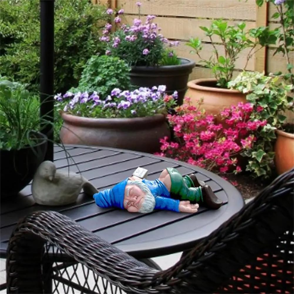 MOOCOCO Funny Drunk Gnome Statue, Garden Gnome Statues,Creative Dwarf Drunk Gnome Resin Sculpture Yard Lawn Patio Garden Decoration,for Outdoor Indoor Ornament Decor Novelty Gift (Blue)