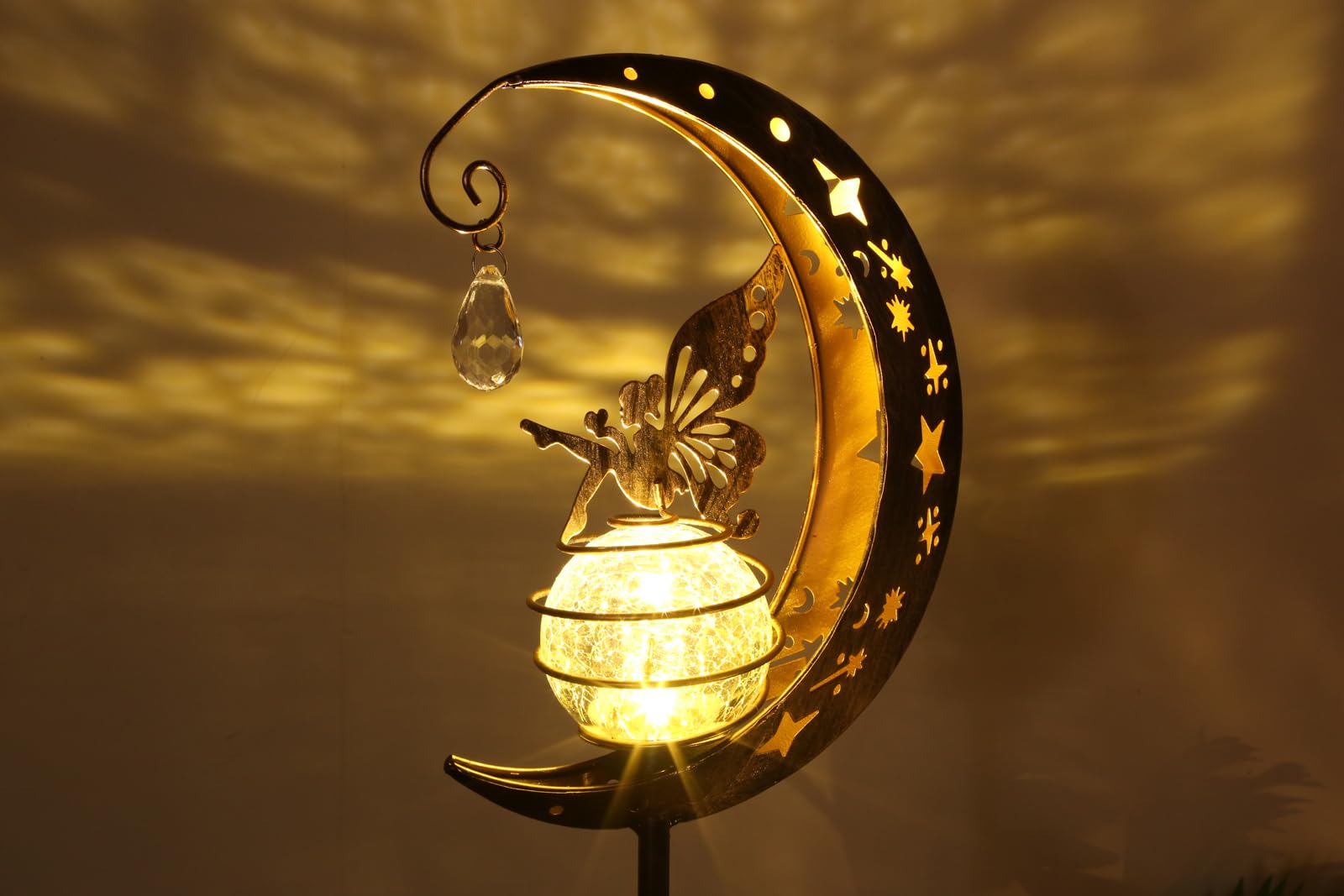 BomKra Solar Garden Ornaments Outdoor Fairy Solar Light Moon Star Crackle Glass Ball Stake Metal Lights Decorative Waterproof Warm White LED for Garden Pathway Lawn Patio Grave (A)