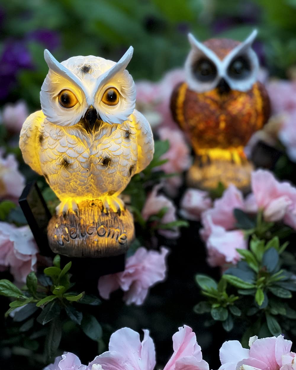 Owl Solar Garden Stake Lights, 2 Pack Owl Outdoor Path Solar Powered Owl Stake Lights for Walkway Yard Lawn Landscape Lighting (White&Brown)