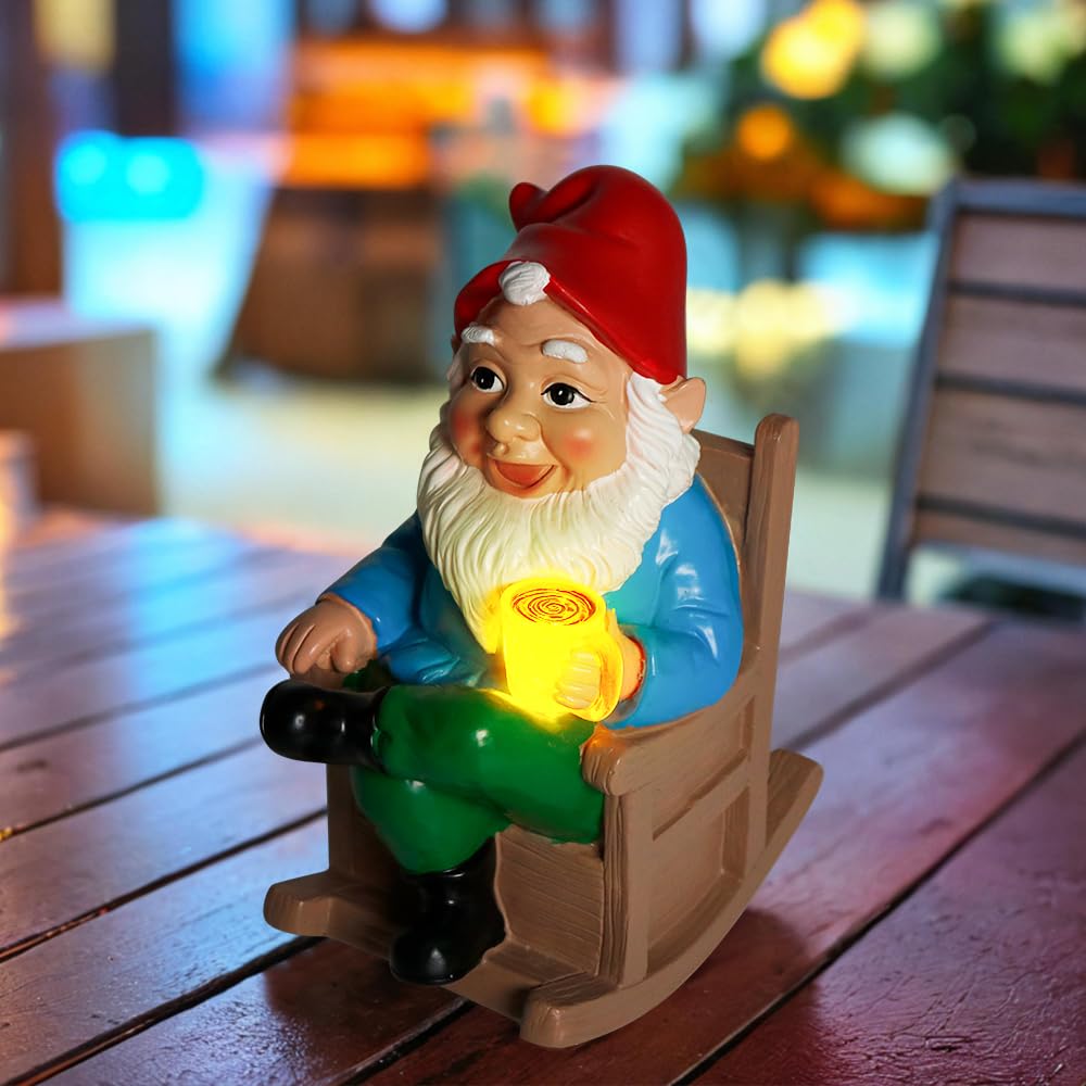 TB TIBAG Funny Garden Gnome Statues Solar Light Gnome Outdoor Decoration Ornaments, Garden Elf Statues Old Gnome Sitting in A Rocking Chair Drinking Coffee, Gnome Firurines Gifts for Women Mom Dad
