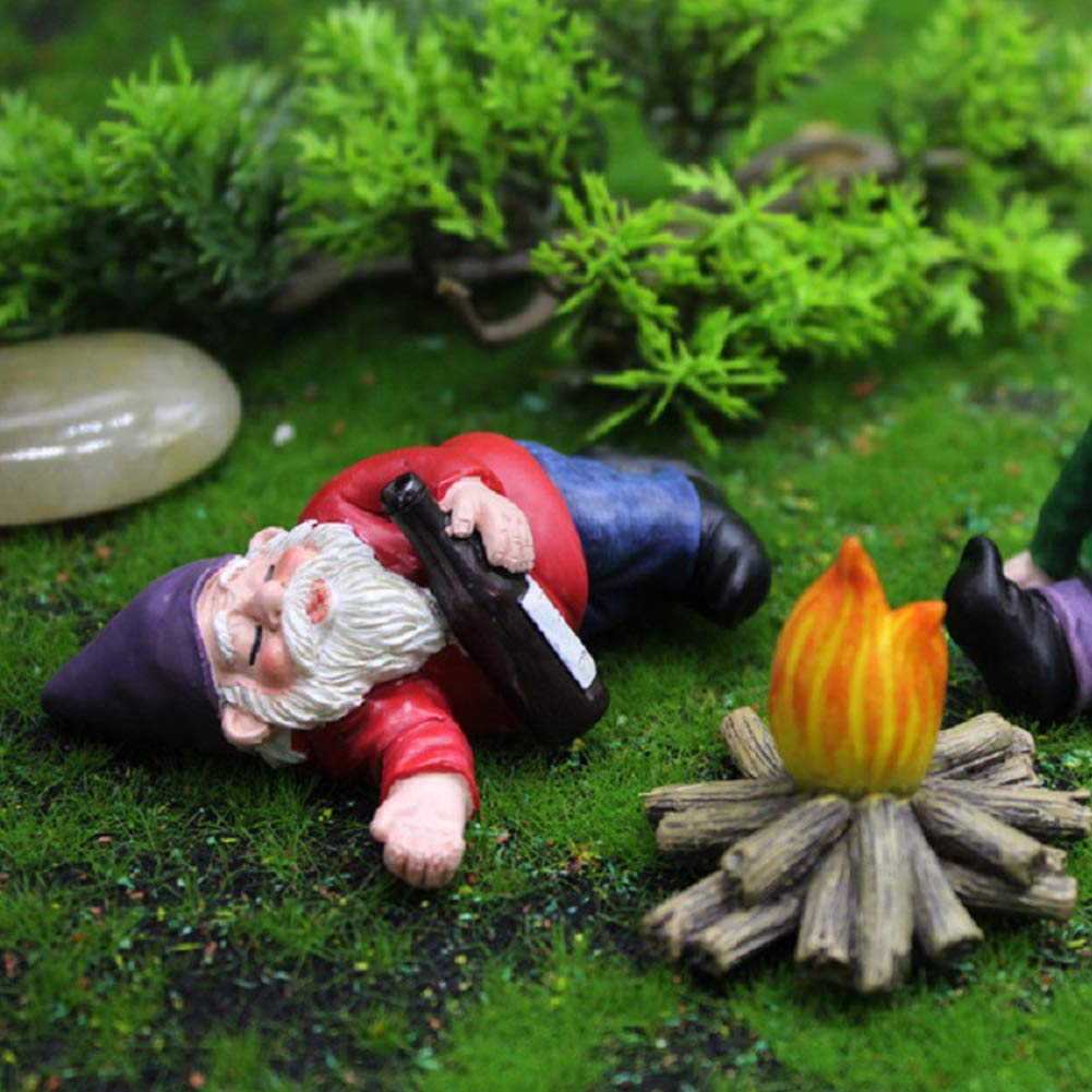 REOVE 4pcs Gnomes Statue Miniature Garden Decoration Ornament Fairy Garden Accessories Collectible Outdoor Micro Landscape Decoration Set Gnome-Drunk Gnome Kit for Gift House Yard Lawn Patio