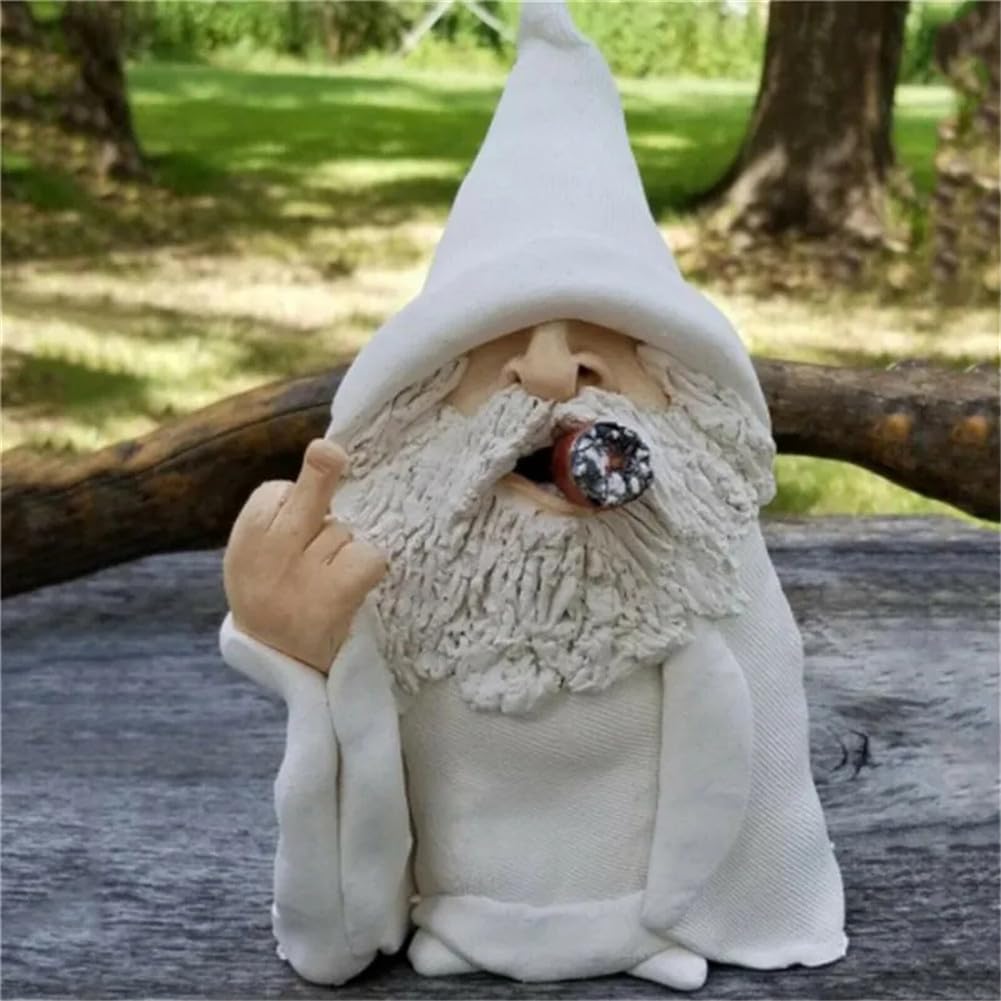 MOOCOCO Garden Gnome Statue, Funny Smoking Middle Finger Wizard Gnomes Statue Garden Figurine Art Garden Decoration, for Outdoor Lawn Yard Garden Porch Patio Ornaments (Middle Finger)