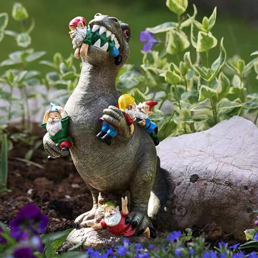 Jetcloud Garden Gnome Ornaments Dinosaur Eating Gnomes Outdoor Decor Funny Gnomes Sculpture Resin Figurine for Patio Decor Garden Art Resin Statue