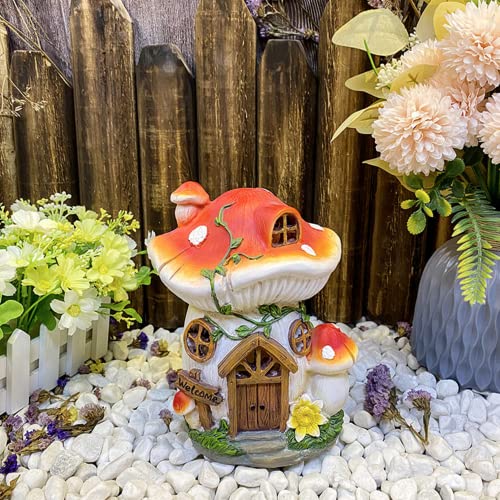 mushrooms Fairy House with Solar Lights Resin Garden Onament Solar Powered mushrooms House Figurines Garden Decor for Patio Yard, Garden Statue