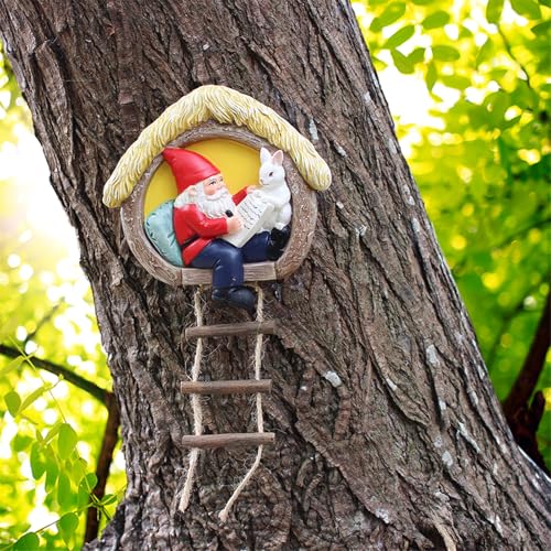 Limtula Garden Landscape Statue Gnomes And Rabbits With Ladder Resins Hanging Ornament For Indoor And Outdoor Use Tree Decors Garden Decoration
