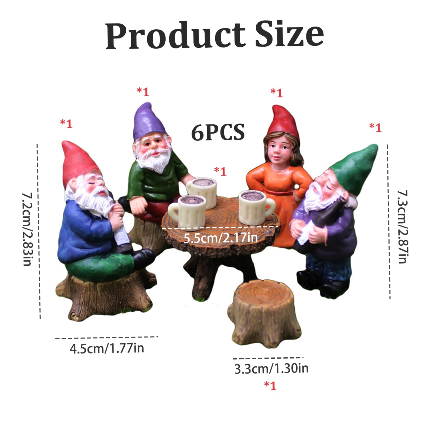 Dbvnnsy 6Pcs/Set Garden Gnome Figurines Set Resin Miniature Gnomes Statue with Table and Stool Cute Yard Ornaments Collectible Decoration for Garden Outdoor Lawn