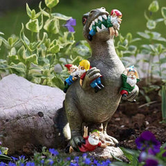 Jetcloud Garden Gnome Ornaments Dinosaur Eating Gnomes Outdoor Decor Funny Gnomes Sculpture Resin Figurine for Patio Decor Garden Art Resin Statue