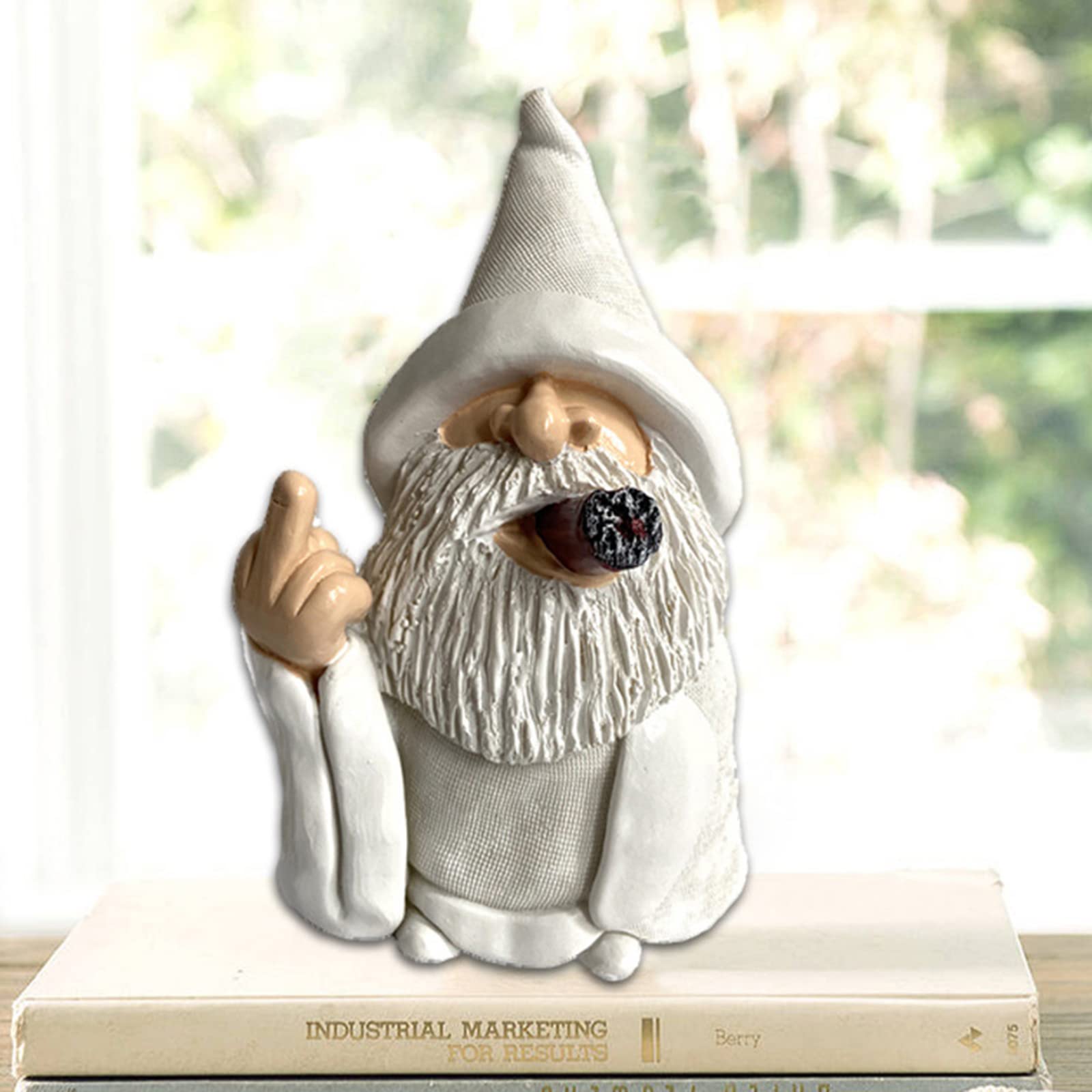 Garden Gnome Dwarf Statue Ornament - White Robe Smoking Dwarf Craft. Whitebeard Gnome Resin Outdoor Decoration, Smoking Wizard Gnome Statue