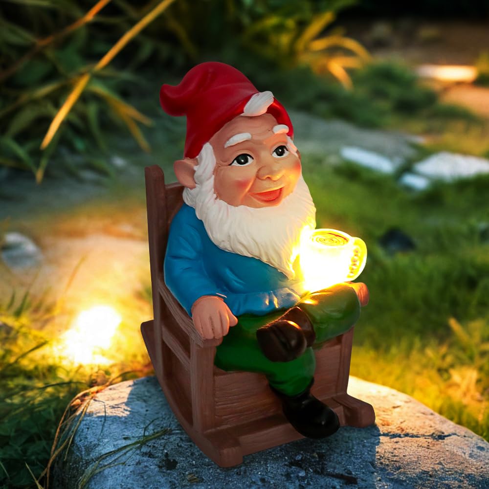 TB TIBAG Funny Garden Gnome Statues Solar Light Gnome Outdoor Decoration Ornaments, Garden Elf Statues Old Gnome Sitting in A Rocking Chair Drinking Coffee, Gnome Firurines Gifts for Women Mom Dad