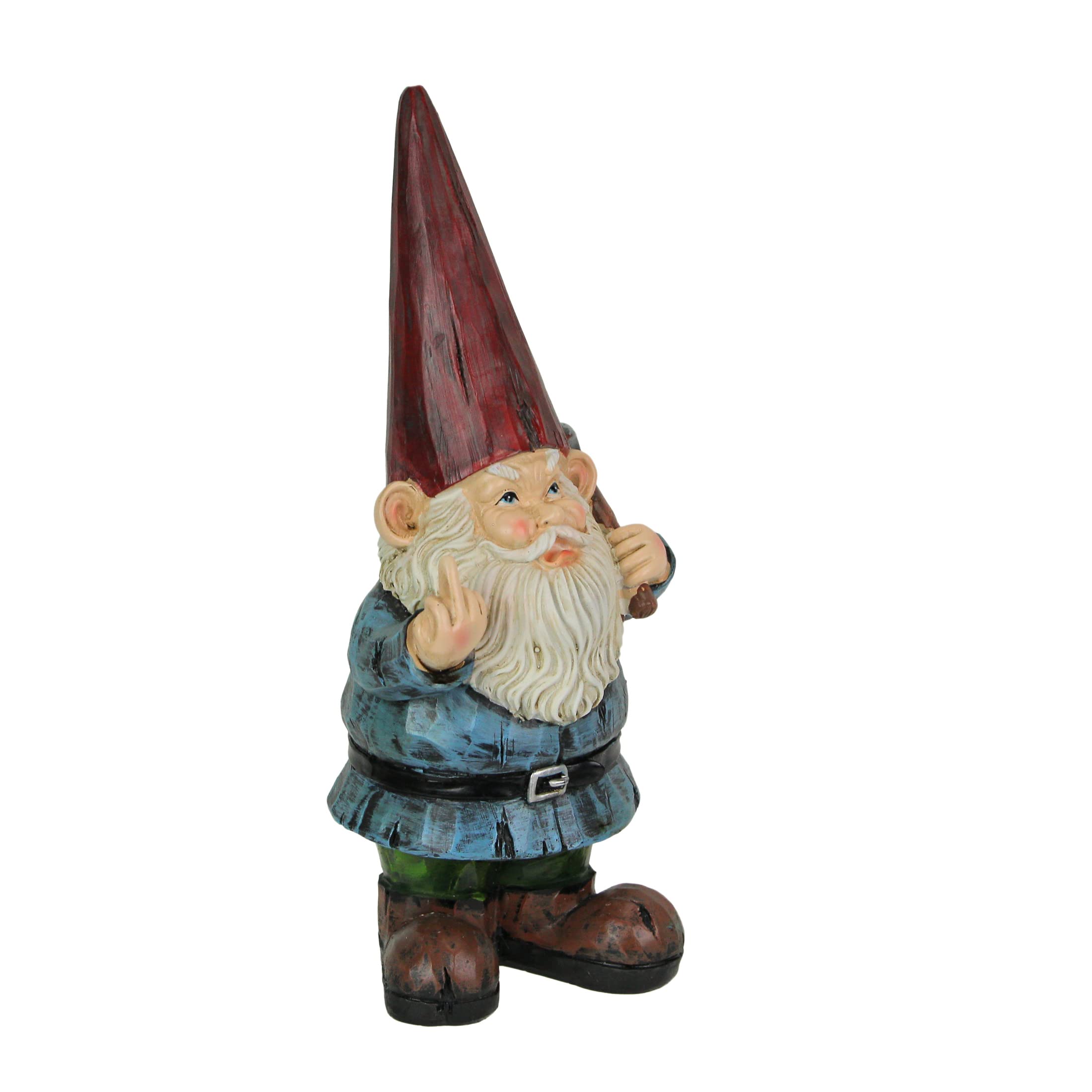 12 Inch High Angry Garden Gnome Holding Pick Axe Decorative Yard Statue - Rude Hand Gesture Indoor/Outdoor Hand-Painted Grumpy Garden Patio or Porch Decor