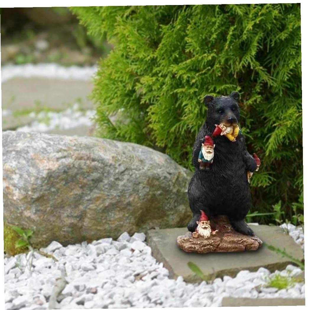 PiniceCore Black Bear Eating Gnomes Funny Statue Resin Ornaments Decoration Indoor Outdoor Garden Lawn Patio