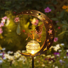 BomKra Solar Garden Ornaments Outdoor Fairy Solar Light Moon Star Crackle Glass Ball Stake Metal Lights Decorative Waterproof Warm White LED for Garden Pathway Lawn Patio Grave (A)