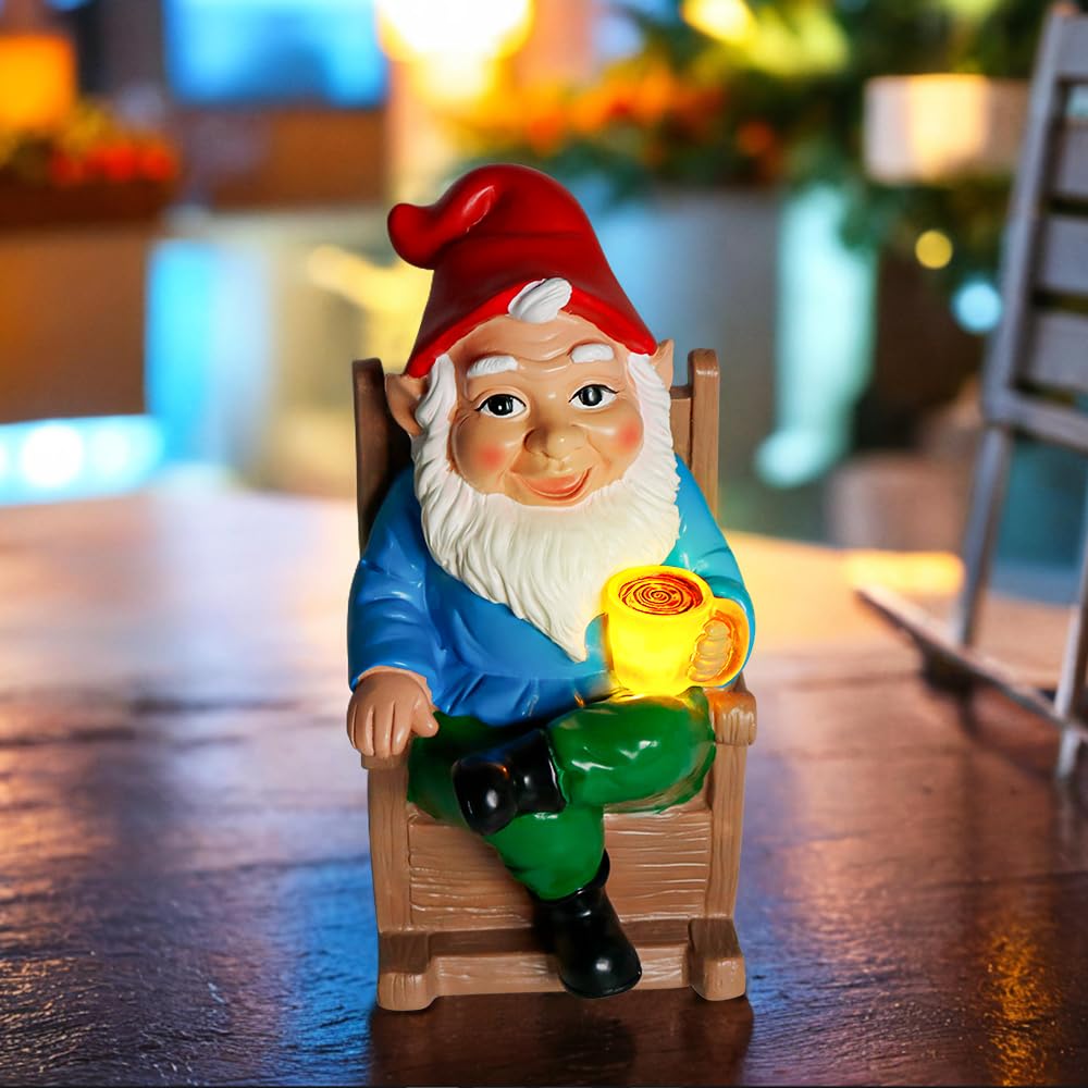 TB TIBAG Funny Garden Gnome Statues Solar Light Gnome Outdoor Decoration Ornaments, Garden Elf Statues Old Gnome Sitting in A Rocking Chair Drinking Coffee, Gnome Firurines Gifts for Women Mom Dad
