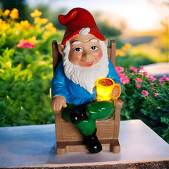 TB TIBAG Funny Garden Gnome Statues Solar Light Gnome Outdoor Decoration Ornaments, Garden Elf Statues Old Gnome Sitting in A Rocking Chair Drinking Coffee, Gnome Firurines Gifts for Women Mom Dad