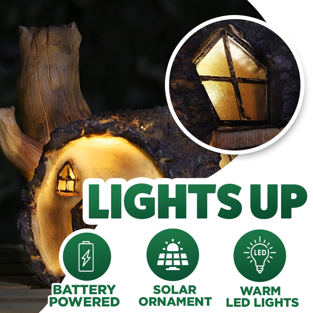 garden mile Solar Powered Light Up Log Fairy House Garden Solar Lighting Indoor Outdoor Ornament Wood Effect Resin Decoration - solar lights outdoor garden