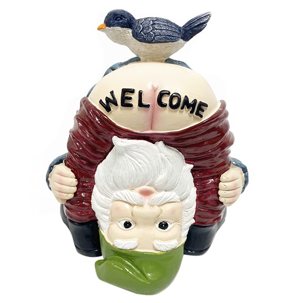 Garden Gnome Statue Water Resistant Funny Resin Garden Figurines Miniature Fairy Gnomes Garden Decoration for Indoor Outdoor Backyard Decor Patio Yard Lawn Ornaments Gift (Welcome)