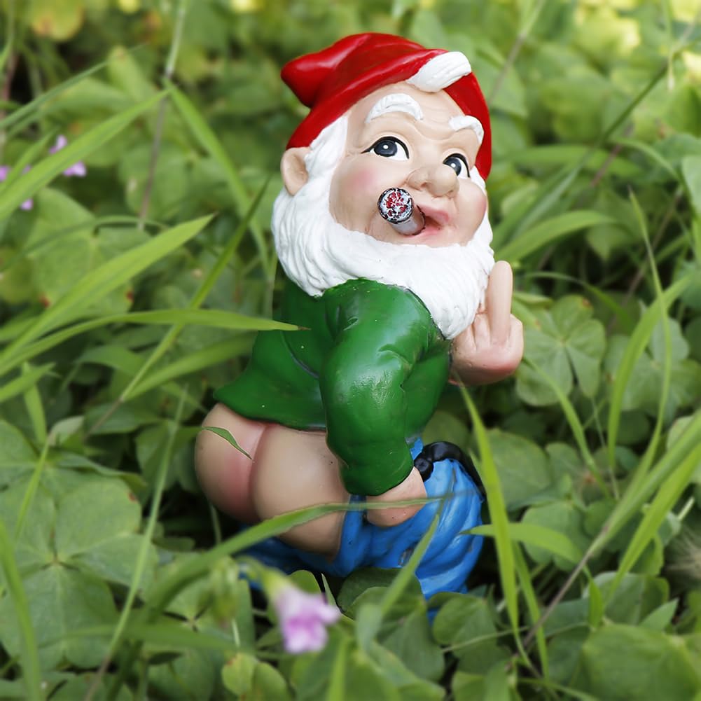 Funny Garden Gnome Statue Outdoor Decor, Middle Finger Figurine Decorations, Naughty Smoking Wizard Gnome Statue, Funny Gnome Figurine for Lawn Yard Balcony Porch Patio Home Ornaments Garden Gifts