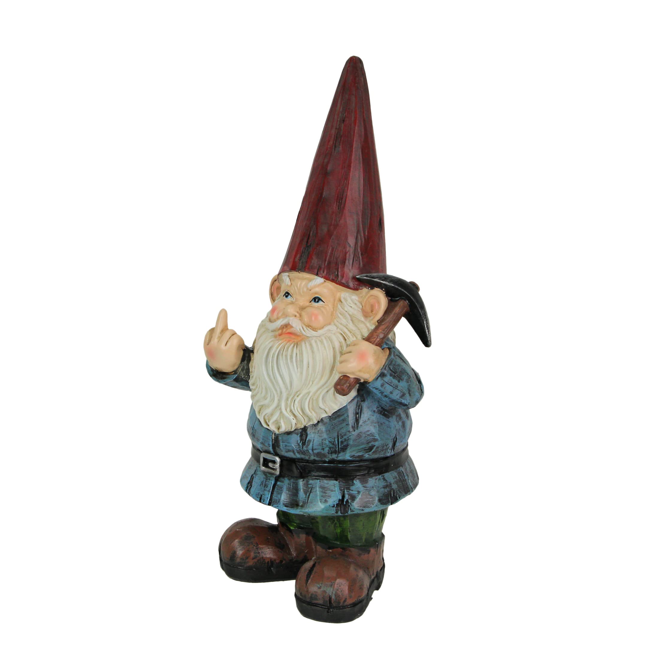 12 Inch High Angry Garden Gnome Holding Pick Axe Decorative Yard Statue - Rude Hand Gesture Indoor/Outdoor Hand-Painted Grumpy Garden Patio or Porch Decor