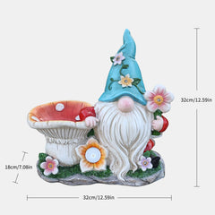 Outdoor Solar Gnome Sculpture Feeder - Outdoor Sculpture Bird Eating Bird Bath Solar Lighting Blue Hat Gnome Decoration Outdoor Decoration Resin Garden Statue Backyard 11 Inch