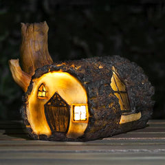 garden mile Solar Powered Light Up Log Fairy House Garden Solar Lighting Indoor Outdoor Ornament Wood Effect Resin Decoration - solar lights outdoor garden