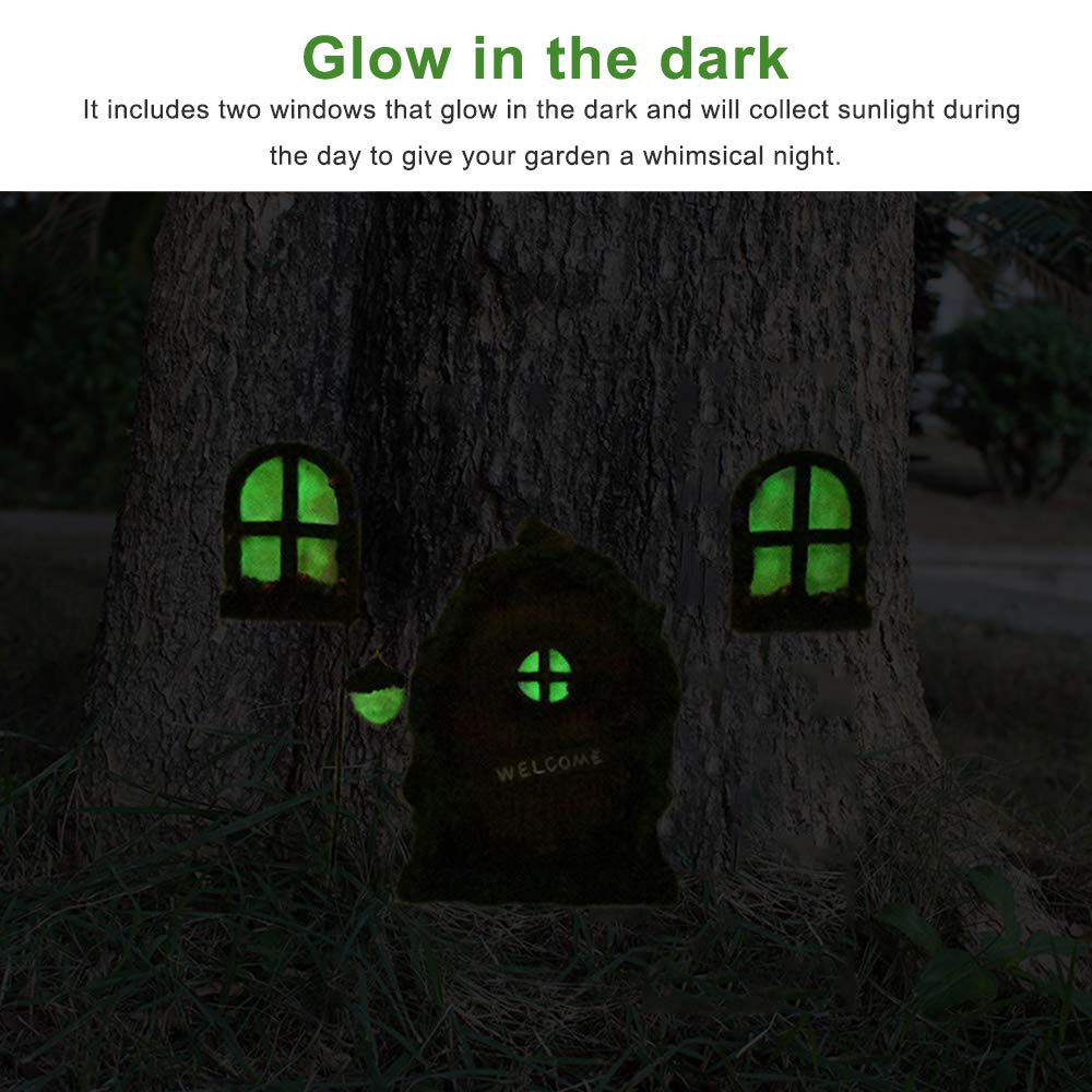 Jetcloud Mini Fairy Door for Tree, Home Miniature Window and Door with Fairy Lamp Glow In Dark Creative Garden Sculpture for Trees Decoration Garden Lawn Ornament