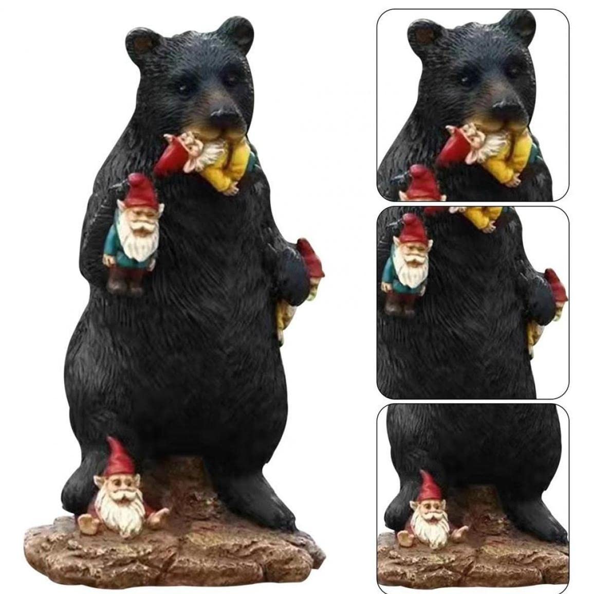 PiniceCore Black Bear Eating Gnomes Funny Statue Resin Ornaments Decoration Indoor Outdoor Garden Lawn Patio