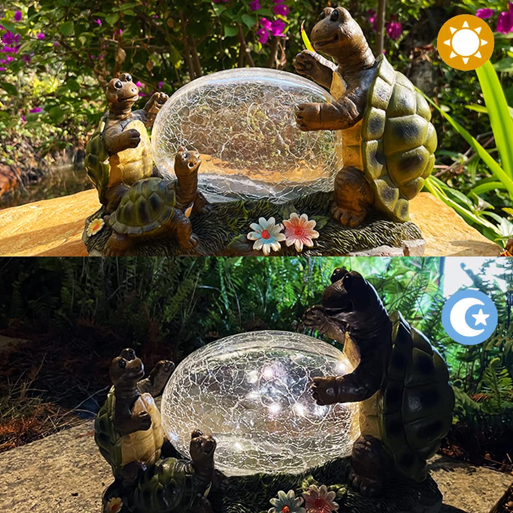 RAYWER Solar Powered Turtle Mama and Baby Outdoor Garden Light Decor, Garden Ornament (Turtles Family on a Lawn)