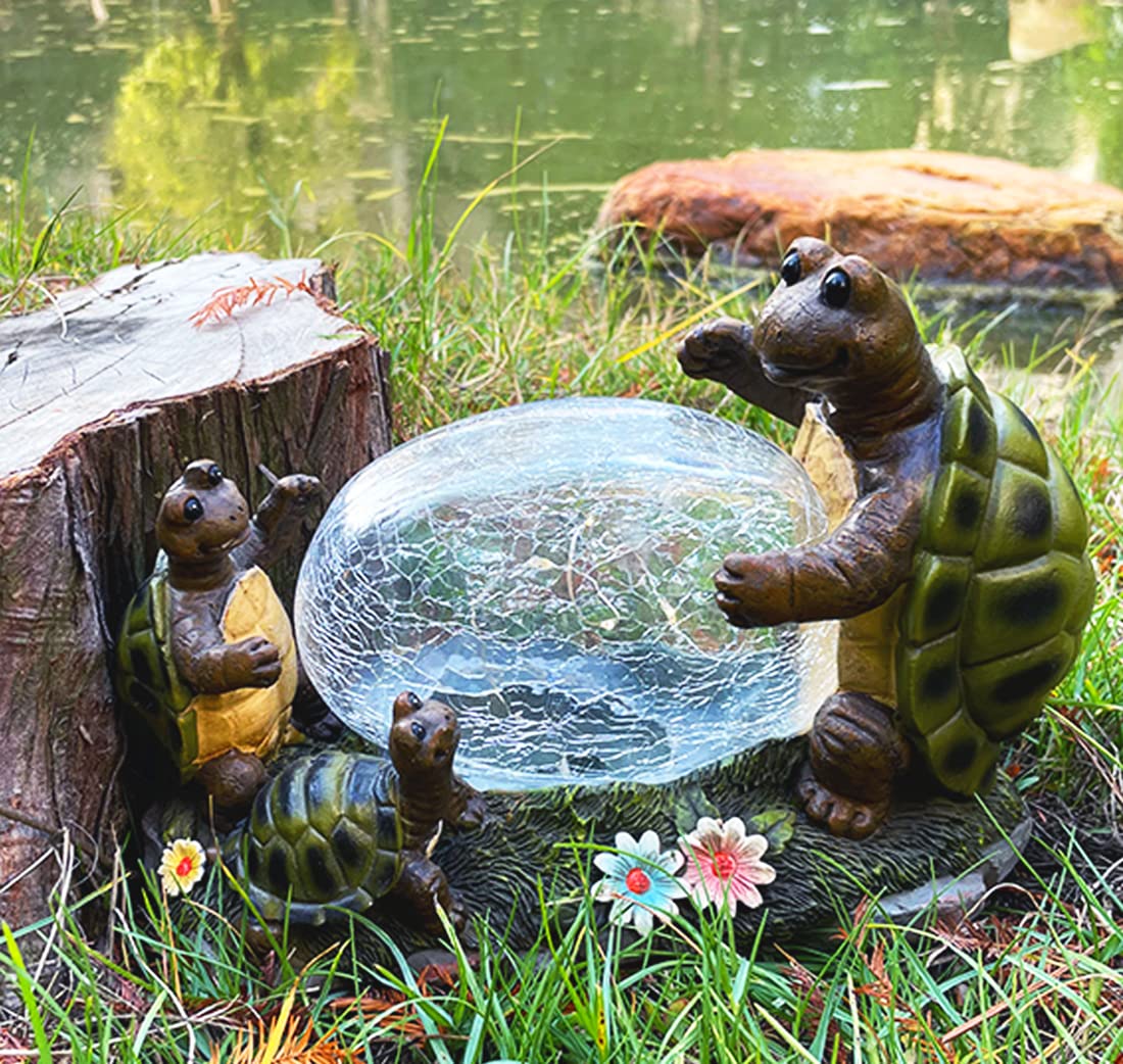 RAYWER Solar Powered Turtle Mama and Baby Outdoor Garden Light Decor, Garden Ornament (Turtles Family on a Lawn)