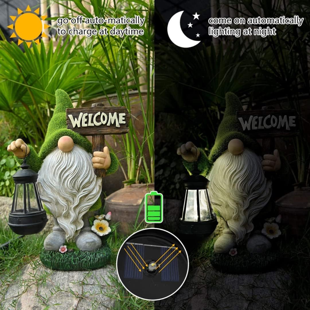 Dbvnnsy Funny Resin Garden Gnome with Solar Light, Outdoor Solar Powered Gnome Statue for Yard, Lawn, Patio and Decorative Garden Ornament, Lantern