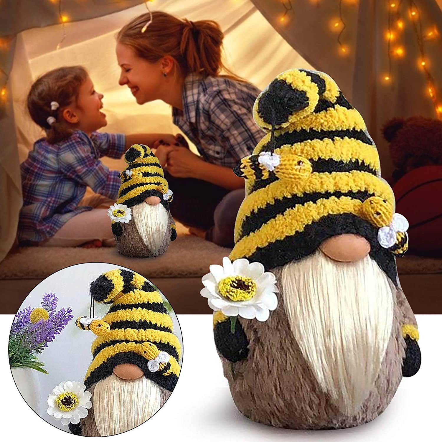 Garden Gnome Statue，Bee Gnome Spring Sunflower Doll Decor, Handmade Bumble Plush Faceless Doll Ornaments, Bedroom Desktop Gnomes Ornaments, Indoor Spring Decor for Home