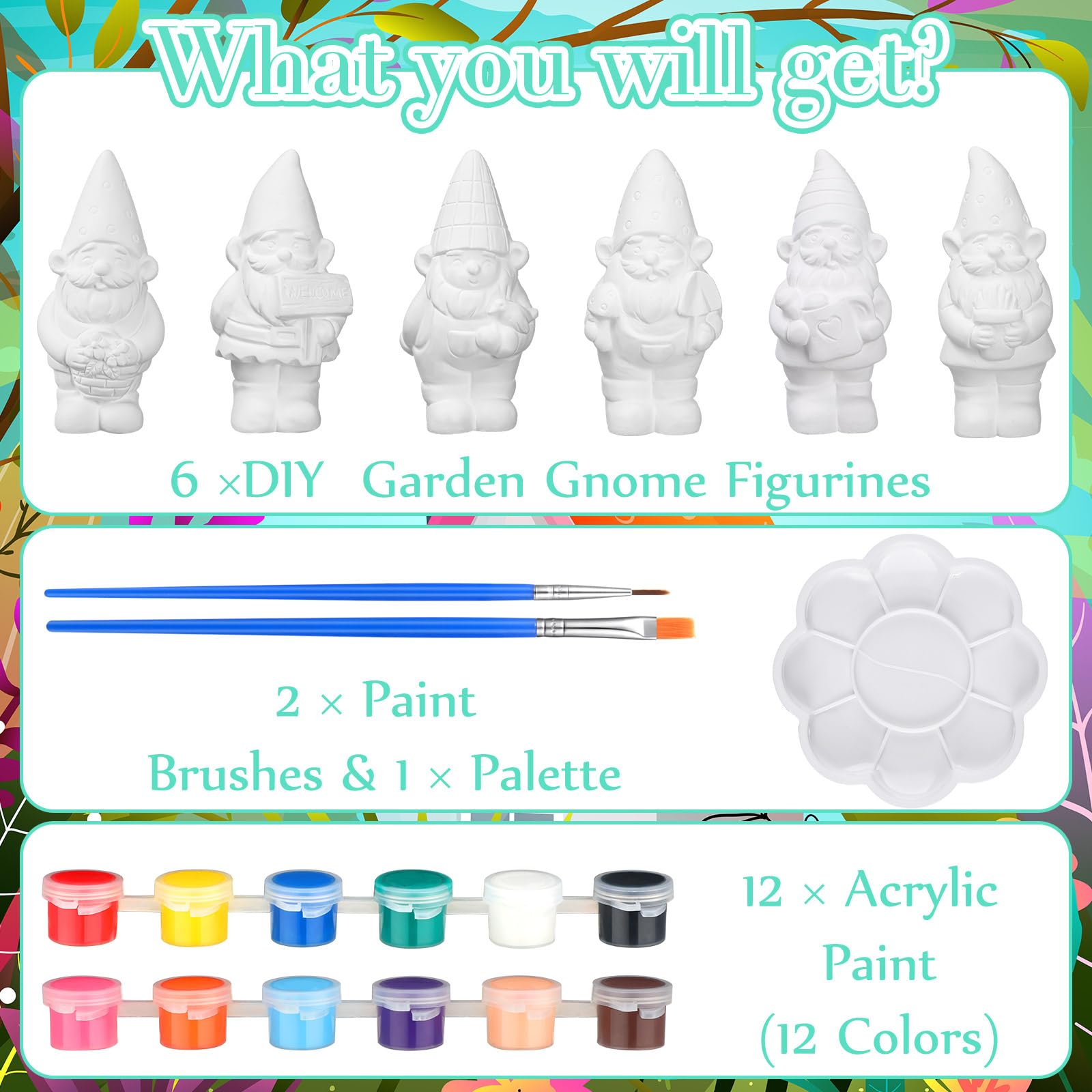 Simgoing 6 Sets Ready to Paint Your Own Garden Gnomes Statues Summer DIY Unfinished Ceramic Gnomes for Painting Figures Plaster Arts and Crafts with Brush Palette for Adults