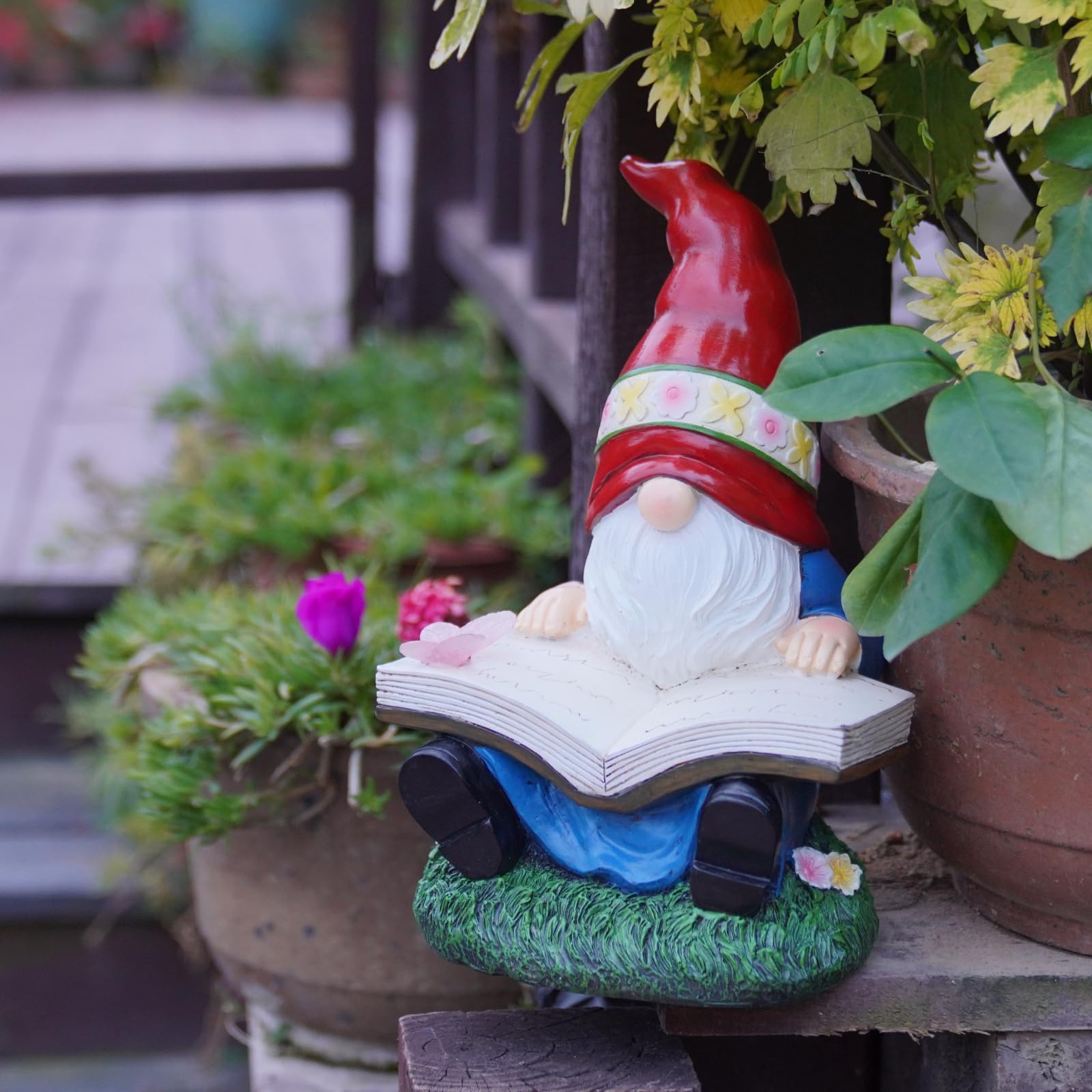 Solar Garden Gnomes Outdoor Statues - Gnome Figurine Reading Book with Butterfly LED Lights Funny Gnomes for Garden Decor Yard Patio Lawn Ornaments Gifts for Women